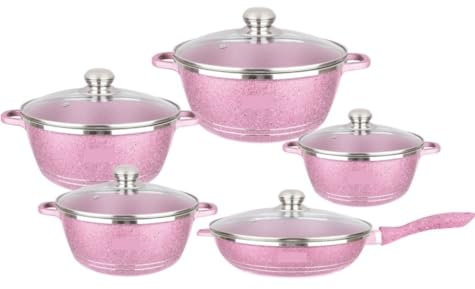 Cookware Set Pots and Pans Set 5 Pcs Cooking Pot Nonstick Cookware Sets with Glass Lids Aluminium Home Frying Pan Stock Pot Kitchen Supplies Cooking Pot Set Cooking Pan Set(Pink)