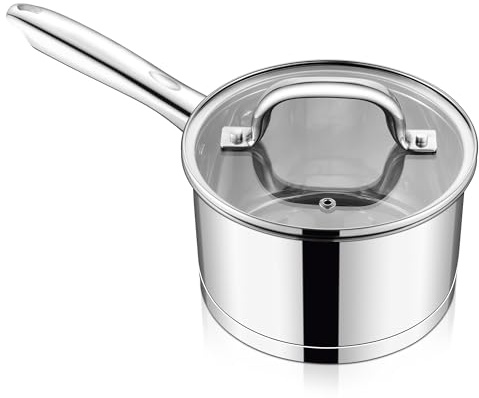Homikit 18 cm kastrull, 2,8 l rostfritt stål mjölkgryta gryta med glaslock, kastrull induktion med 3-lagers botten för alla typer av spisar, lämplig för matlagning, omålad och diskmaskinssäker