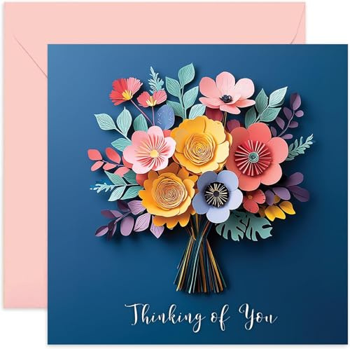 Thinking of You Cards - Paper Cut Art of Flower Bouquet - Pastel Coloured Thank You Greeting Card - For Female Friend, Sister, BFF, Daughter - None 3D design - Sympathy, Sorry, Bereavement