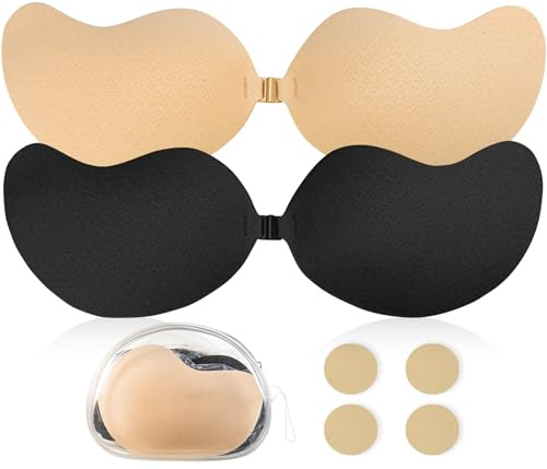 Hocent 2 Paires de Soutiens-Gorge Adhésifs Push-Up, sans Bretelles & Respirants, Soutien-Gorge Invisible Autocollant pour Femmes, avec 4 Cache-Tétons