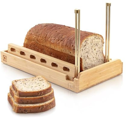 Ditto 2.0 Bamboo Bread Slicer for Homemade Bread - 6.5 Wide Adjustable Bread Slicer Guide Cuts Even Slices, 4 Thickness Options - Works with Buns, Bagels - Incl Crumb Tray