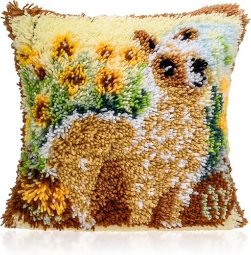 Knüpfteppich Zum Selber Knüpf-Sets mit Kissen knüpfen, DIY Niedliches Alpaka Muster Kissen Kissenbezug Kreuzstich Latch Hook Kit für Kinder und Erwachsene, 43x43 cm