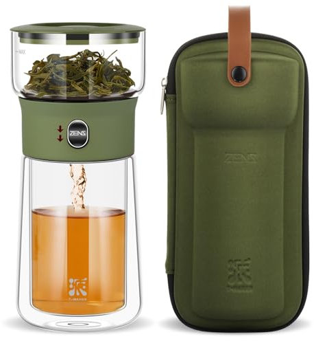 ZENS Modern Glass Infuser Teapot, Smart One Touch Tea Maker for Loose Tea Diffusers with Insulated Mug and Portable Case, Enchanted Teapot Alternatives for Tea Lover Gifts