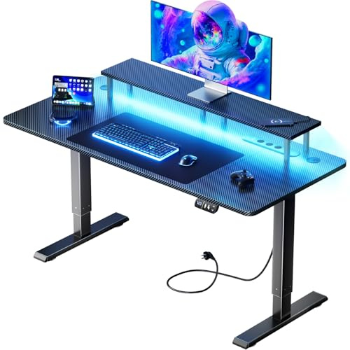HLFURNIEU Escritorio Elevable Electrico LED 140 x 60 cm, Mesa Gaming con Enchufes & Puertos USB, Escritorio Gaming con Soporte para Monitor, 2 Control de Memoria, Mesa Ordenador Negro