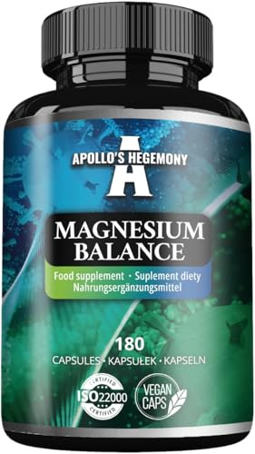 Magnesiumbalans - 180 veganska kapslar - 281,5 mg högabsorberbart magnesium per portion - förstärkt med aktivt vitamin B6-2 månaders leverans - av Apollo's Hegemony