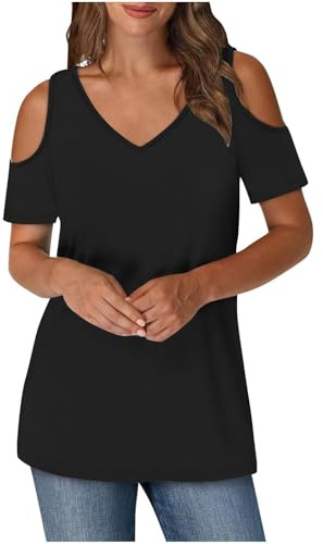 Ybing Haut à épaules dénudées pour femme - Couleur unie - Col en V - Tunique sexy - Épaules froides - Coupe ajustée - Manches courtes - Léger - T-shirt long d'été - T-shirt fin en coton - T-shirt