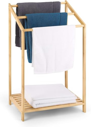 Toallero de Pie de Bambú Triple con Estante, Soporte de Toallas Múltiple para Baño de Bambú con Estante de Almacenamiento y 3 Brazos para Colgar Toallas, Ideal para el Hogar y el Baño, 51x31x85cm