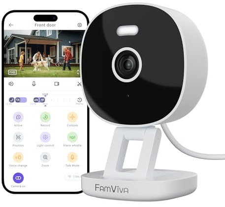 FAMVIVA 2K Security Camera Wired, Outdoor/Indoor for Home, Pet, Baby, Nanny, IP65 Waterproof Color Night Vision, White Light & Siren, Recording, Motion Detection, Works with Alexa, 2.4GHz WiFi, White