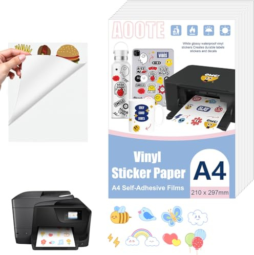 AOOTE Papier Autocollant Imprimante Blanc A4, 12 Feuilles, Vinyle Imprimable Papier Autocollant Étanche, Papiers Autocollant étiquette Adhésif Imprimable, Papiers Autocollant pour Imprimante Laser