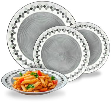Avilia Assiettes - Set d'assiettes modernes 18 pièces en porcelaine avec décor Kalos gris, service élégant pour 6 personnes
