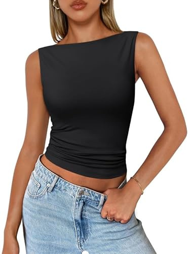 Sukiglam Canotta Donna Estiva Senza Maniche Crop Top Sexy Slim Fit Y2k Tank Tops Scollo a Barchetta Canottiera Tendenza Corto Camicette Elegante Casual Maglietta Shirt Streetwear