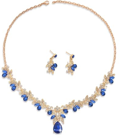 XFSRG Parure bijoux femme collier doré orné de cristaux étincelants et boucles d’oreilles assorties, idéale pour mariage, soirée élégante, cadeau d’anniversaire ou fête (Bleu Doré)