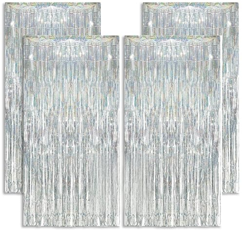4 Rideaux Métallique Tinsel Argent（1×2m）, Décoration en Feuille de Paillettes pour Le Nouvel an, Fête de Marriage,Decoration Anniversaire Rideaux à Franges en Aluminium