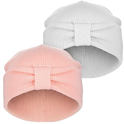 Prasacco 2 stycken vintermössor för flickor, baby, vintermössa med söt rosett, småbarn, flicka, höst, mjuk, stickad mössa, mössa, mössa, varm, unisexmössa för baby, mjuk stickad mössa (rosa och vit)