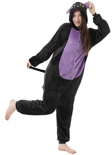 Katara 1744 - Grenouillère Combinaison pour Adultes Tenue de Nuit Pyjama Kigurumi - Taille L 165-175cm Chat Noir