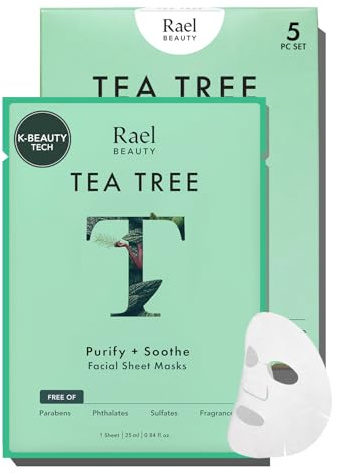 Rael Tea Tree Face Mask - Korean Skincare for Glass Skin, Soothing & Purifying, Tea Tree Oil, Centella Extracts, Super Soft Bamboo Sheet, Free of Fragrance & PEGs, Vegan, Cruelty Free (5 Sheets)