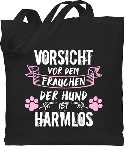 Baumwolltasche - Geschenk für Hundebesitzer - Vorsicht vor dem Frauchen der Hund ist harmlos - Grunge/Vintage - Weiß - Unisize - Schwarz - geschenke dog lover bag hundefan gassi stoffbeutel