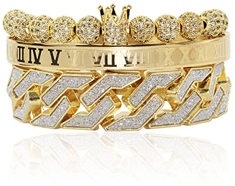 Innocence Imperial Crown King Copper Beads Cuff Bracelet Luxury Charm Fashion Cuban Link Bangle Jewelry Set For Men Women