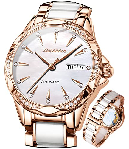 OLEVS Ladies' Automatic Mechanical Wristwatch with White dial, Mechanical Waterproof self-Winding, Rose Gold Pearl Shell dial with Day-Date Display, Ceramic and Stainless Steel with Diamonds.