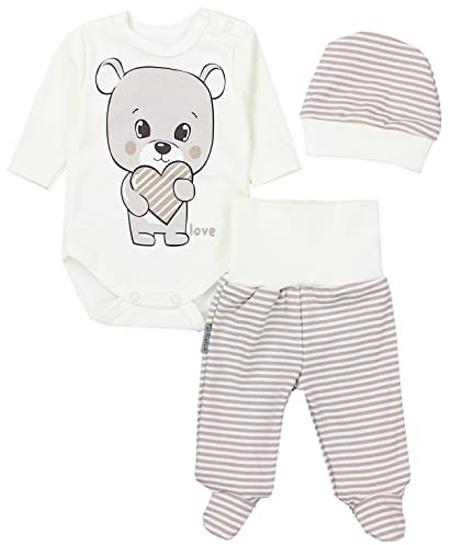 TupTam Baby Mädchen Jungen Bekleidungsset Langarmbody Hose Mütze mit Aufdruck Spruch 3 teilig, Farbe: Love Teddy/Streifen Beige Ecru, Größe: 56