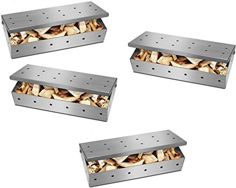 Lot de 4 boîtes de fumage en acier inoxydable pour barbecue - 22 x 9,5 x 4,4 cm - Avec couvercle rabattable pratique pour barbecues à gaz et au charbon de bois - Copeaux de fumage - Donne un arôme