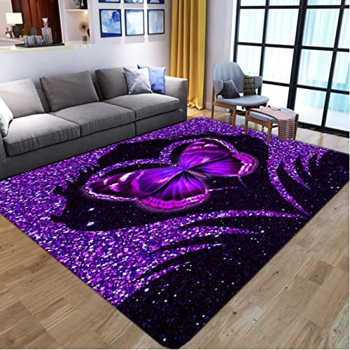 JOKITA Teppich Schlafzimmer Modern Lila Schmetterling 3D Lila Schmetterling Wohnzimmer Teppich Lila Schmetterling Dekoration Carpet rutschfeste Teppiche, 120 x 170 cm