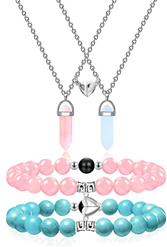 MJartoria BFF Necklace and Bracelets for 2-Crystal Friendship Necklace Bracelet Best Friend Necklace Matching Necklace Bracelets Gifts (Blue+Pink, Heart)