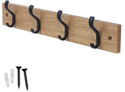 keypak Minimalistic Wall-Mounted Coat Rack – 4 Hooks on Stylish Modern Wooden Base for Wall & Door – 38cm – All Fixings Included (Matte Black/Ash Effect)