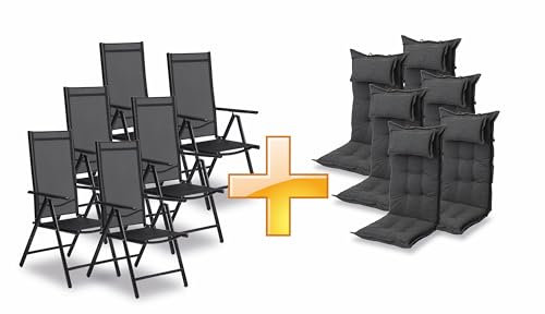 sunnypillow 6er Set Gartenstühle und Gartenstuhlauflagen Hochlehner | 120x50x9 cm Hochlehner Auflage wasserdicht UV-lichtecht | Klappstuhl für Garten Polsterauflagen Stuhlauflage | Anthrazit