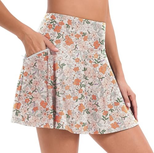Timuspo Bañador para mujer, traje de baño, bikini falda, cintura alta, falda deportiva, pantalones cortos de natación, falda de playa con 4 bolsillos, Flores Naranja, M