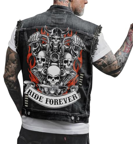 Agiyenna Veste en Jean Sans Manches pour Hommes Punk Gothique Motard Mode Veste en Jean Veste Imprimée Tête de Mort Manteau Vêtements D'extérieur Tendance avec Boutons Veste de Loisirs en Plein Air