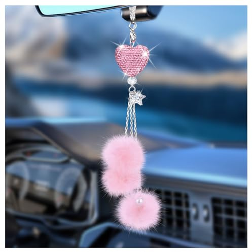 Bling Car Hanging Ornament, Bling Car Mirror Accessories for Women, Diamond Heart and Fuzzy Plush Ball, Rear View Mirror Hanging Charm Pendant, Lucky Hanging Accessories (Pink Heart, Pink Fluff)