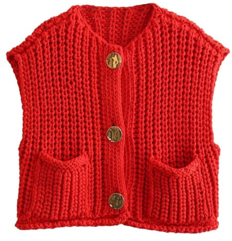 OLIPHEE Jersey sin Mangas Mujer Corto Cuello V Cárdigan de Punto Color Liso Chaleco Casual Básico Elegante Primavera Otoño Rojo M