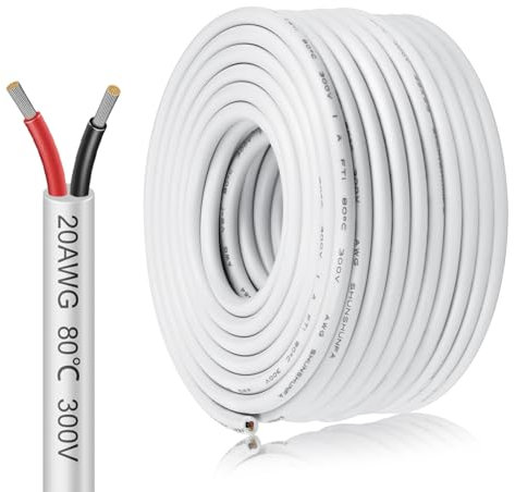 inShareplus 20AWG 2x0.5mm² 20m Electrical Wire 2-Core Cable - 12V/24V/300V White Tinned Copper, 22 Gauge Flexible and Soft Outdoor High-Temp Resistant Extension