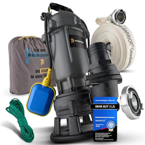 WARRIOR® Schlammpumpe [TESTSIEGER] mit HydroVortex X7 Schneidwerk, Fäkalienpumpe 1500W + 20M - 2Gewebeschlauch, inkl. Tragetasche, Schmutzwasserpumpe mit Schlauch und Häcksler