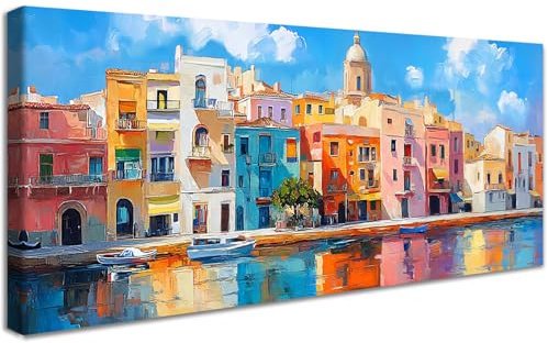 Cadre en Bois Impression sur Toile Maisons Colorées Tableau Peinture Poster Mural Ville de Bord de Mer Paysage Marin Image sur Toile Grande Tableau Decoration Murale Salon Chambre Couloir 50x120cm