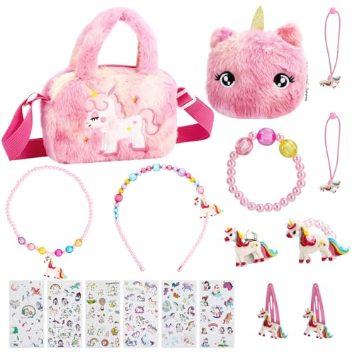 Livdouyu 18 piezas Unicornio bolso joyas set para niñas, regalos de unicornio, joyas para niños, collar de unicornio, pulsera, anillo, joyería para el pelo, pegatinas regalos niñas para 3, 4, 5, 6, 7