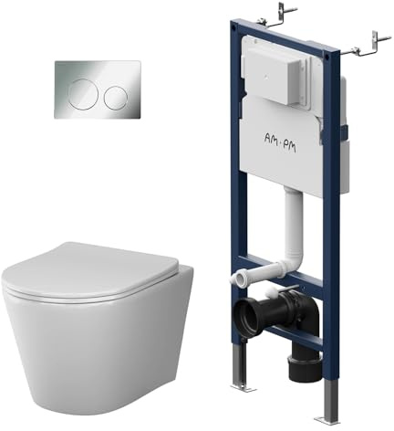 AM.PM - Ensemble complet - Élément de pré-installation II12709 Prime Fit avec plaque de commande ronde chromée + WC suspendu Spike sans rebord + Abattant WC avec fermeture en douceur et descente