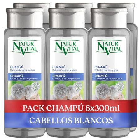 NaturVital - Pack 6 Champú Silver, Sin Parabenos, Natural, Cabello Blanco y Gris, Matizador de Canas Platino, Pigmento azul, para hombresy Mujer, 6x300ml