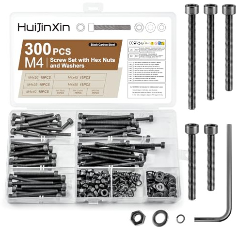300 PcsVis M4, Vis à Tête Cylindrique à Six Pans Creux, Vis à Tete Bombée et écrous, boulons à tête hexagonale et écrous en Noires, boulon avec écrou rondelles