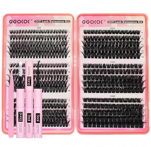 GGOKOK Lashes Kit 50D 60D 80D 100D 120D 150D Eyelashes Clusters Kit 8-16mm Russian Individual Natural Lash Extension Bond and Seal Tweezer D Curl Fluffy Wispy False Eyelashes for DIY(Kit,50D-150D)