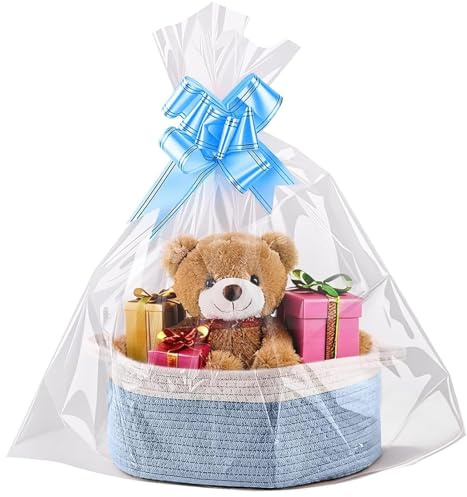 VIDSTW Präsentkorb Leer Incluye Bolsa Embalaje y Cinta Cesta para Regalo Hecho de Algodón Cesta de Regalo Vacía Con Asas Cajitas Organizadoras para Pascua Baby Showers Navidad（Azul Blanco）