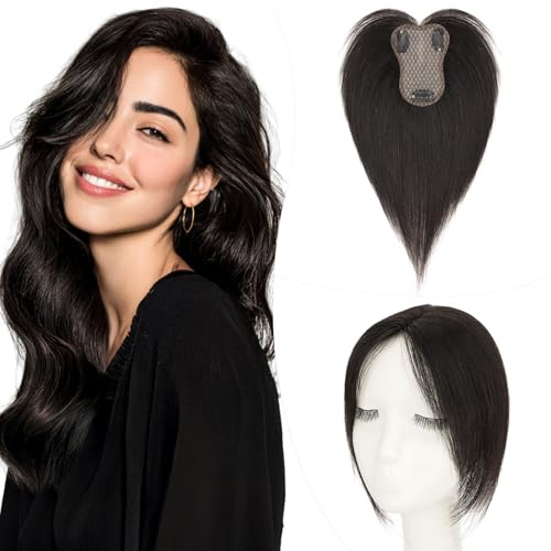Elailite Hair Topper Donna Capelli Veri Clip 20g 25cm Protesi Toupee Posticci Toupet Silk Lace 8x11cm #1B Nero Naturale