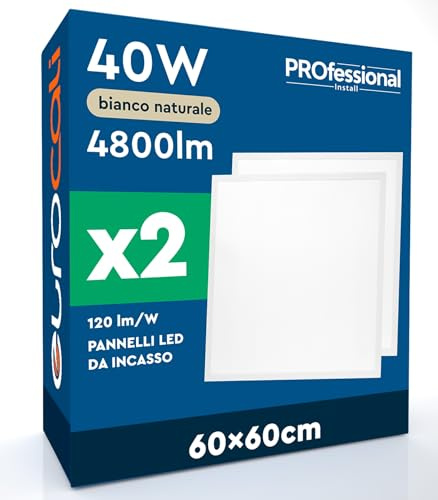 2 Pannelli LED 60x60 40W Quadrati da Incasso 4800 lumen Driver incluso Garanzia 3 Anni - Luce Bianca Naturale 4000K - Plafoniera da Ufficio ad Alta Luminosità 120 lm/W Soffitto e Controsoffitti