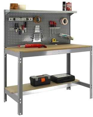 Simon Rack Banco da lavoro per officina, capacità di carico 400 kg, 1445x910x610 mm, tavolo da lavoro fai da te, Gris/Legno - BT3