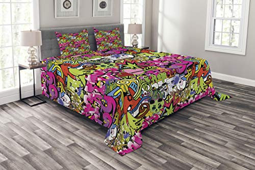 ABAKUHAUS urban Graffiti Tagesdecke Set, durchbohrte Herz, Set mit Kissenbezügen Waschbar, für Doppelbetten 220 x 220 cm, Magenta Grün