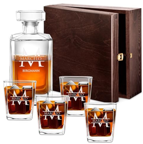 Maverton Whiskey Karaffe + 4 / 6er Whiskygläser Set mit Gravur - 700ml Whisky Dekanter - Geschenk zum Geburtstag für Damen - Monogramm - Weihnachtsgeschenke