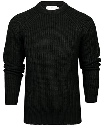 Xact Men's Chunky Fisherman Knit Jumper, Crew Neck, Raglan Sleeve (Black) XL