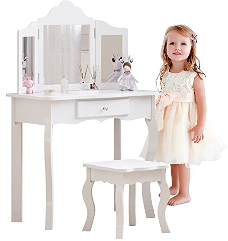 Jooli Girls Dressing Table with Mirror and Stool, Kids Wooden Vanity Table with Drawer and 3 Foldable Mirrors, Children's Makeup Desk for Age 3-12, White