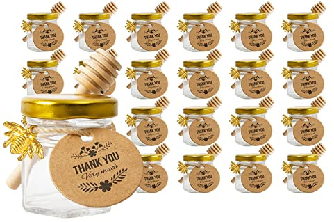 Rormket 24Pack 1.5oz Mini Glass Hexagon Honey jars - Gold Lid, Small Wooden honey dipper, Bee Charms, Thank You Gift Tags, Jute - Baby Shower Thank You Party Wedding Favors Gifts (Golden)